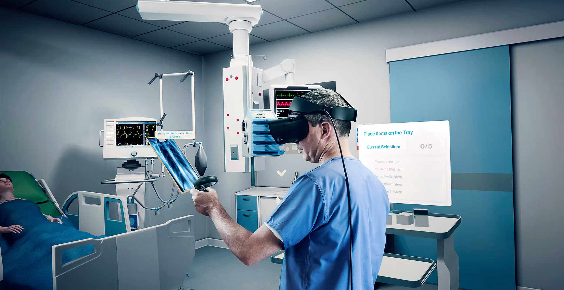 A clinician in VR performing blood and culture analysis, placing items on a tray in a critical care room