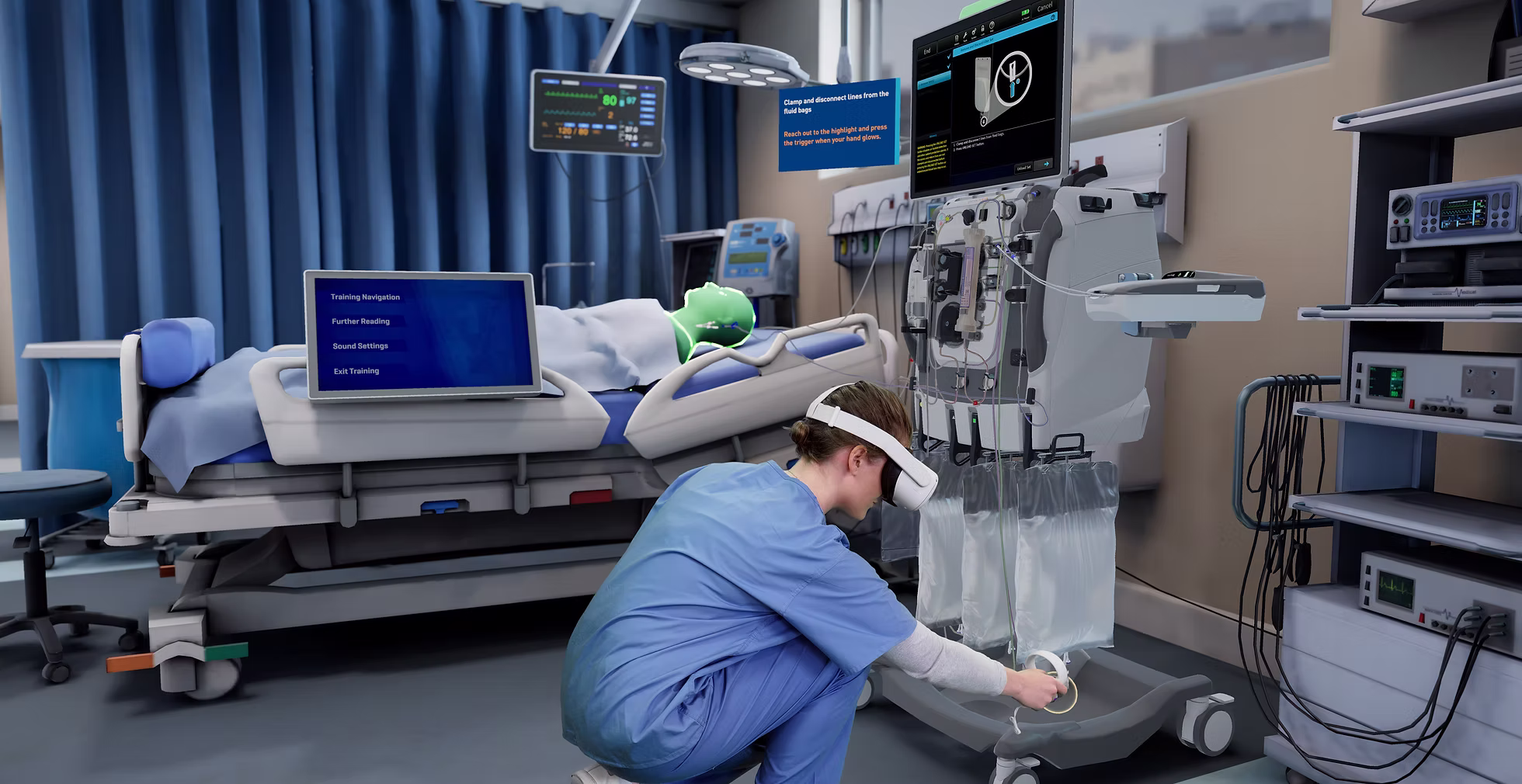A clinician in a VR headset following guided prompts to set up a Baxter PRISMAX 2 dialysis machine