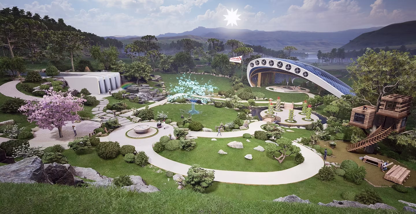 Aerial view of the Hirameki Garden with paths, a glowing tree and a solar pavilion flying the Takeda flag